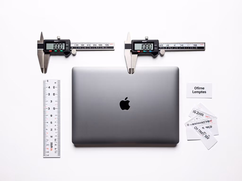 Laptop dimension measurement with calipers showing exact L/W/D tolerances